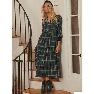 Sugarlips Sweet Beyond Plaid Sherril Long Sleeve Maxi Dress Tiered Green S NWT